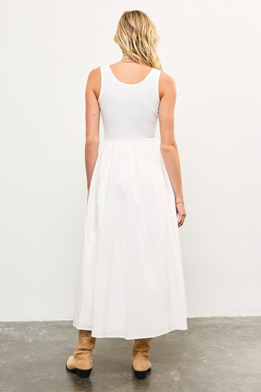 Back view of scoop neck summer maxi dress with flare hem.