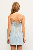 Back smocked detail of denim mini dress with zipper