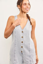 Close-up of button details on denim romper shorts