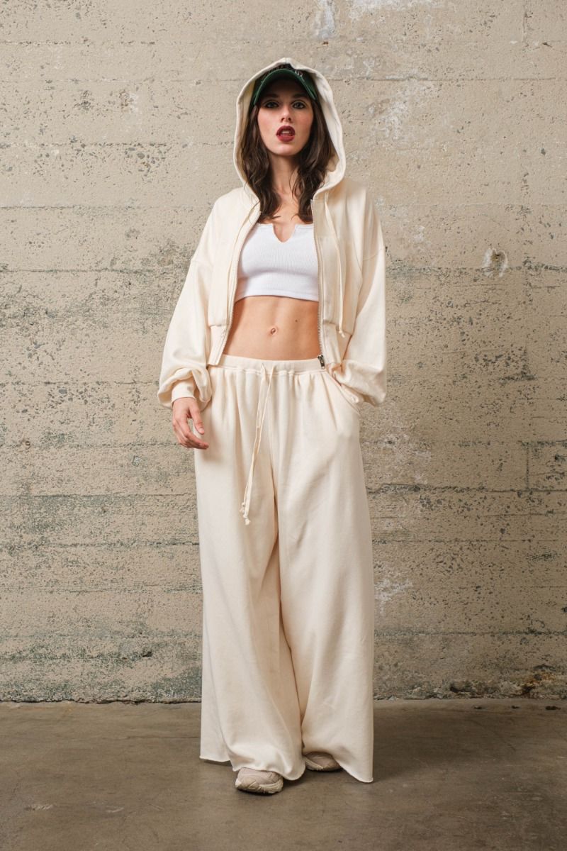 French Terry Batwing Zip Up Crop Hoodie - Trendy